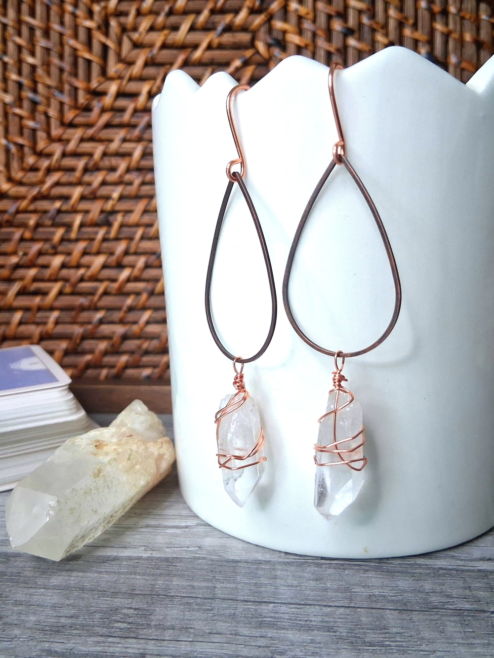 Copper and Clear Quartz Crystal Teardrop Wire Wrap Earrings - Picture 2 of 6